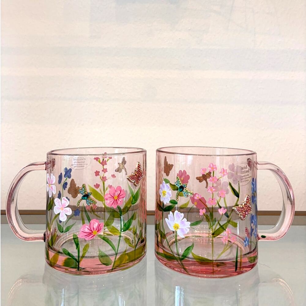 2pc Hand Painted & Jeweled Glass Mugs Multicolored Floral Butterfly NEW